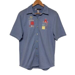 BLAST Vintage Light Blue Gardening Embroidered Button Down Shirt Size S